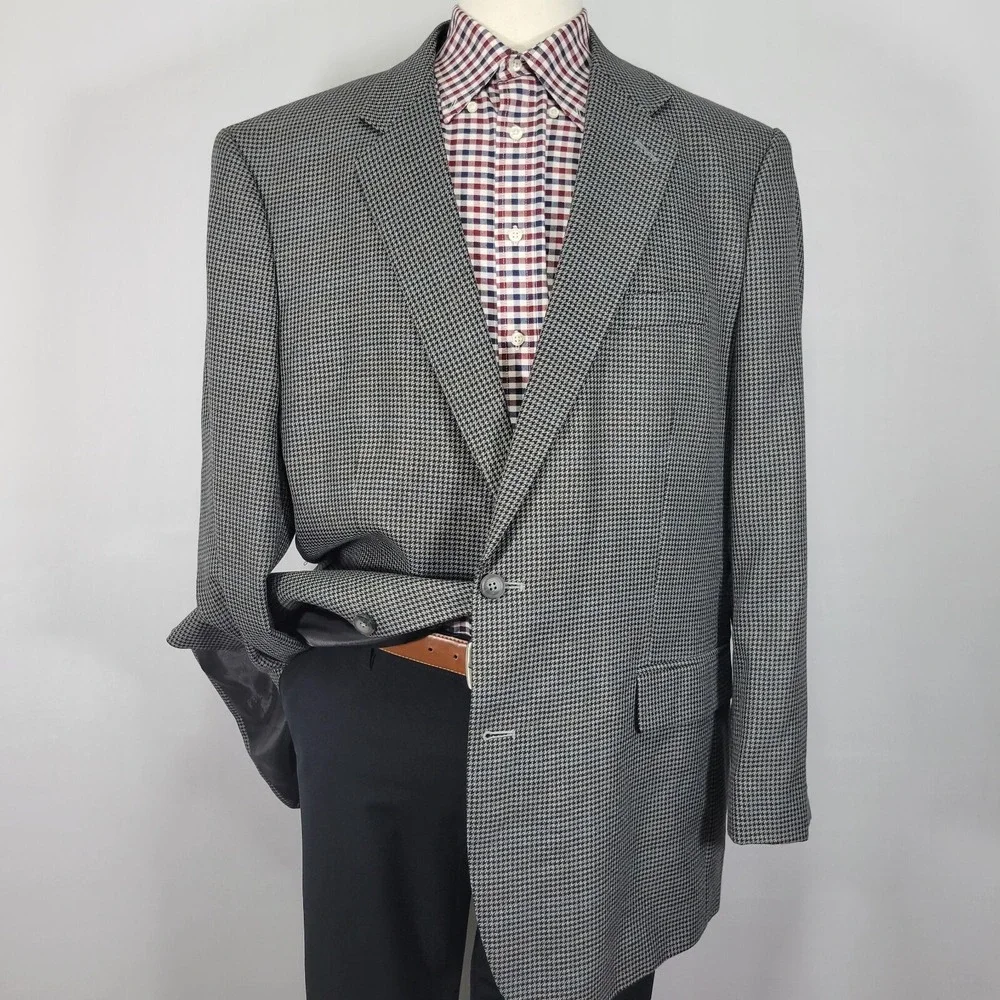 Croft Barrow Men's Sport Coat Blazer Two Button Gray‎ Houndstooth Poly Blend 48L